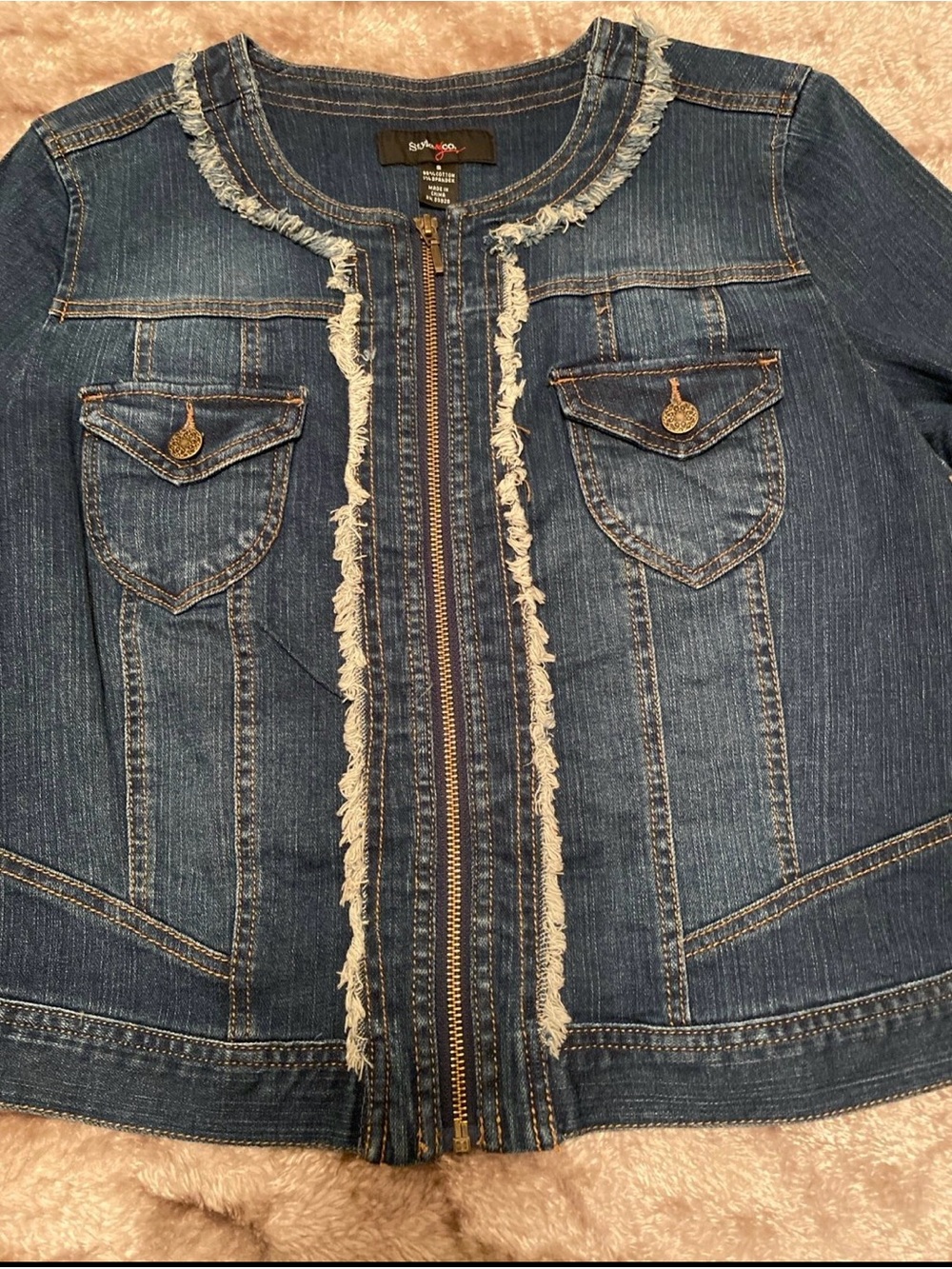 Style & Co. Frayed-Trim Denim Zip Jacket in Dark Blue